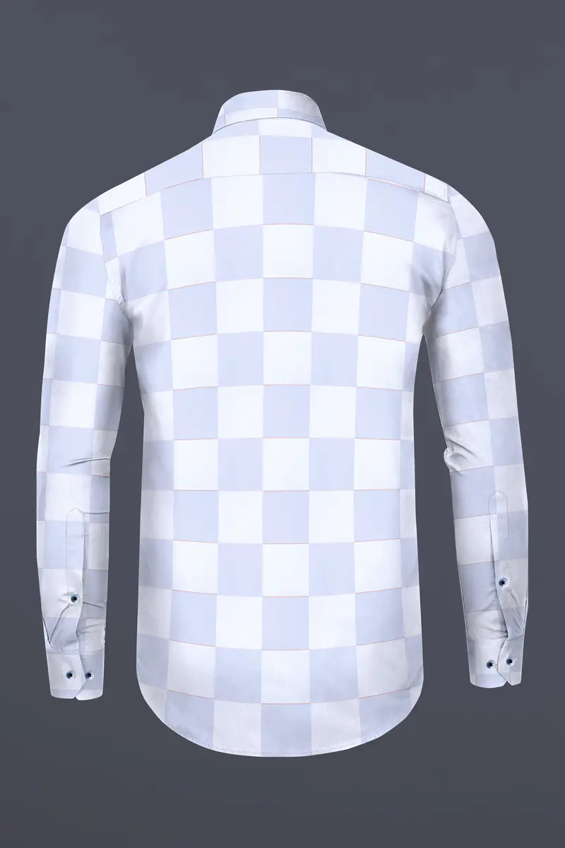 Bright White And Tealish Blue Checked Jacquard Textured Premium Giza Cotton Shirt 5