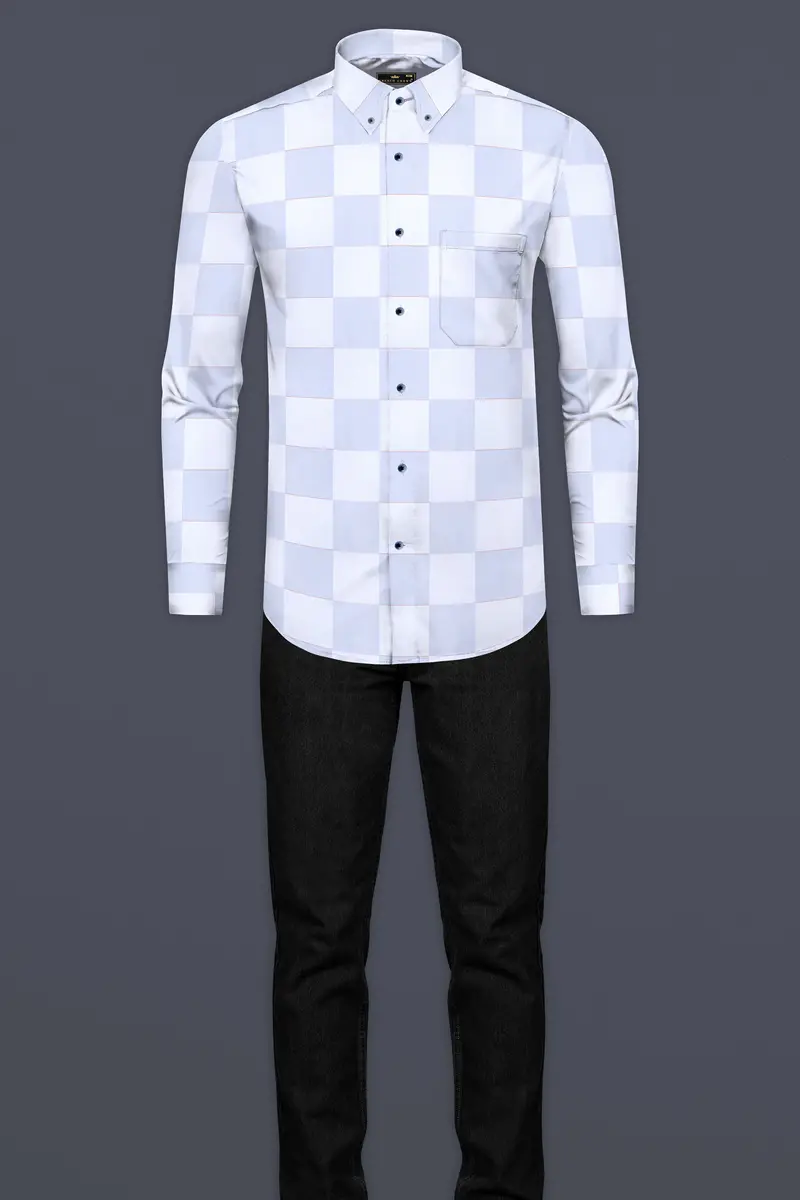 Bright White And Tealish Blue Checked Jacquard Textured Premium Giza Cotton Shirt 6