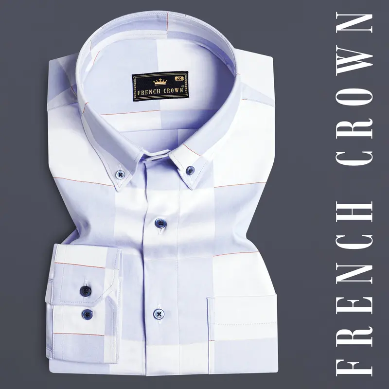 Bright White And Tealish Blue Checked Jacquard Textured Premium Giza Cotton Shirt 7
