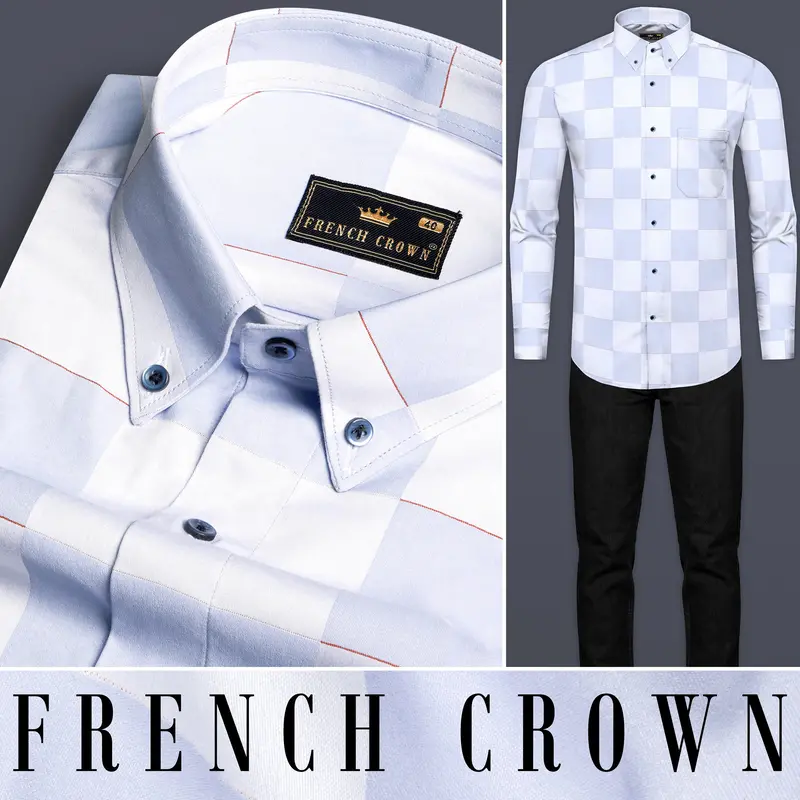 Bright White And Tealish Blue Checked Jacquard Textured Premium Giza Cotton Shirt 8