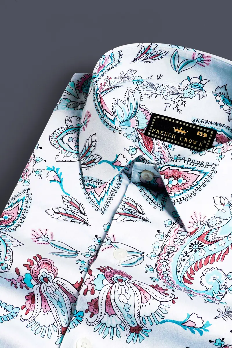 Bright White And Tiffany Blue Leaves Printed Subtle Sheen Super Soft Premium Cotton Shirt 1