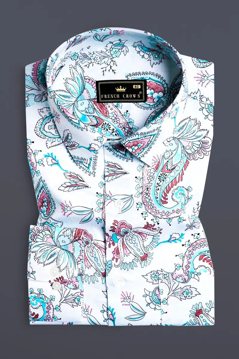 Bright White And Tiffany Blue Leaves Printed Subtle Sheen Super Soft Premium Cotton Shirt 3