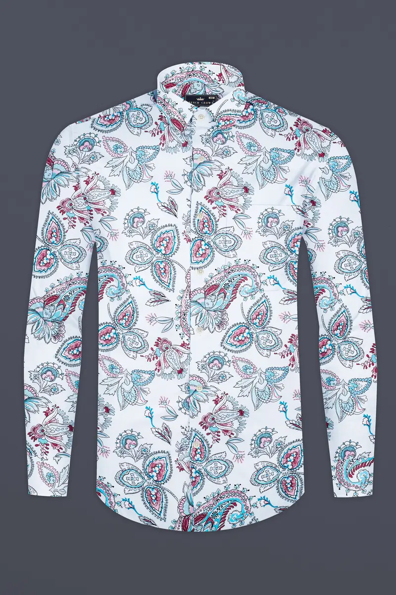 Bright White And Tiffany Blue Leaves Printed Subtle Sheen Super Soft Premium Cotton Shirt 4
