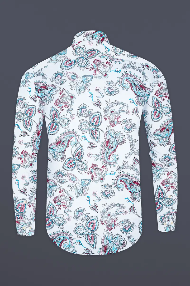 Bright White And Tiffany Blue Leaves Printed Subtle Sheen Super Soft Premium Cotton Shirt 5
