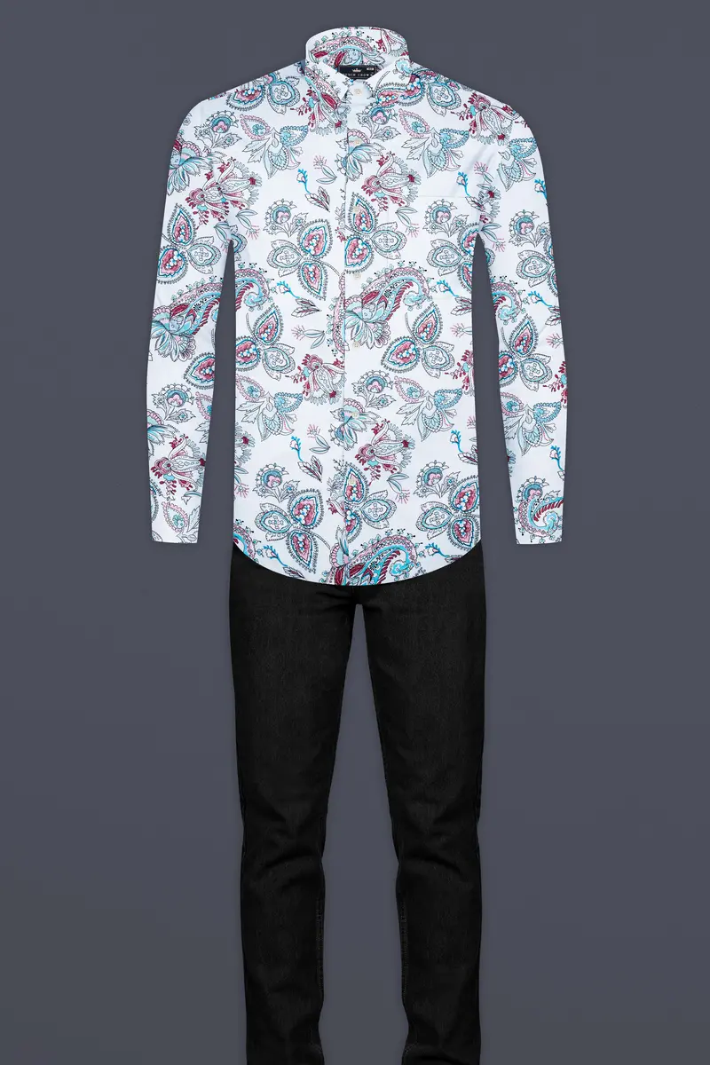 Bright White And Tiffany Blue Leaves Printed Subtle Sheen Super Soft Premium Cotton Shirt 6