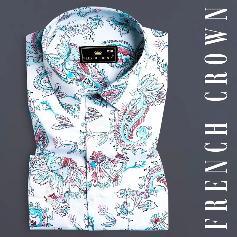 Bright White And Tiffany Blue Leaves Printed Subtle Sheen Super Soft Premium Cotton Shirt 7