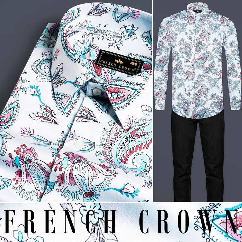 Bright White And Tiffany Blue Leaves Printed Subtle Sheen Super Soft Premium Cotton Shirt 8