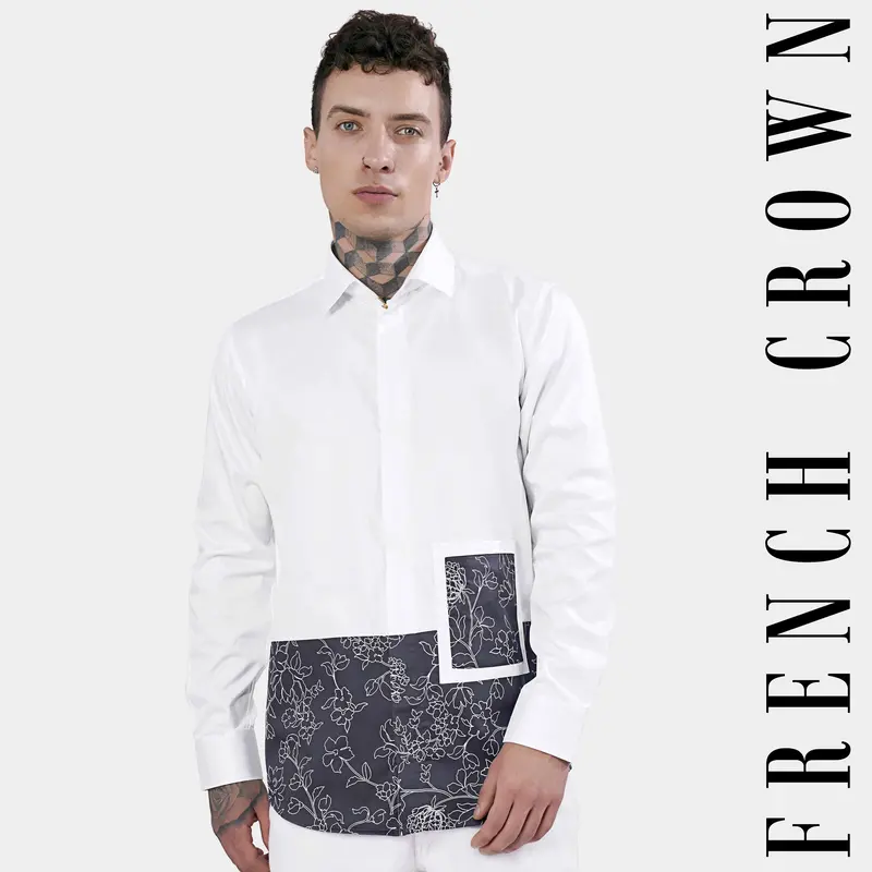 Bright White And Tuna Gray Leaves Printed Subtle Sheen Super Soft Premium Cotton Designer Shirt 1