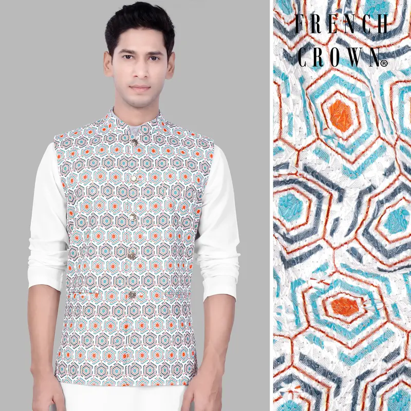 Bright White And Turquoise Blue Designer Embroidered Nehru Jacket 1