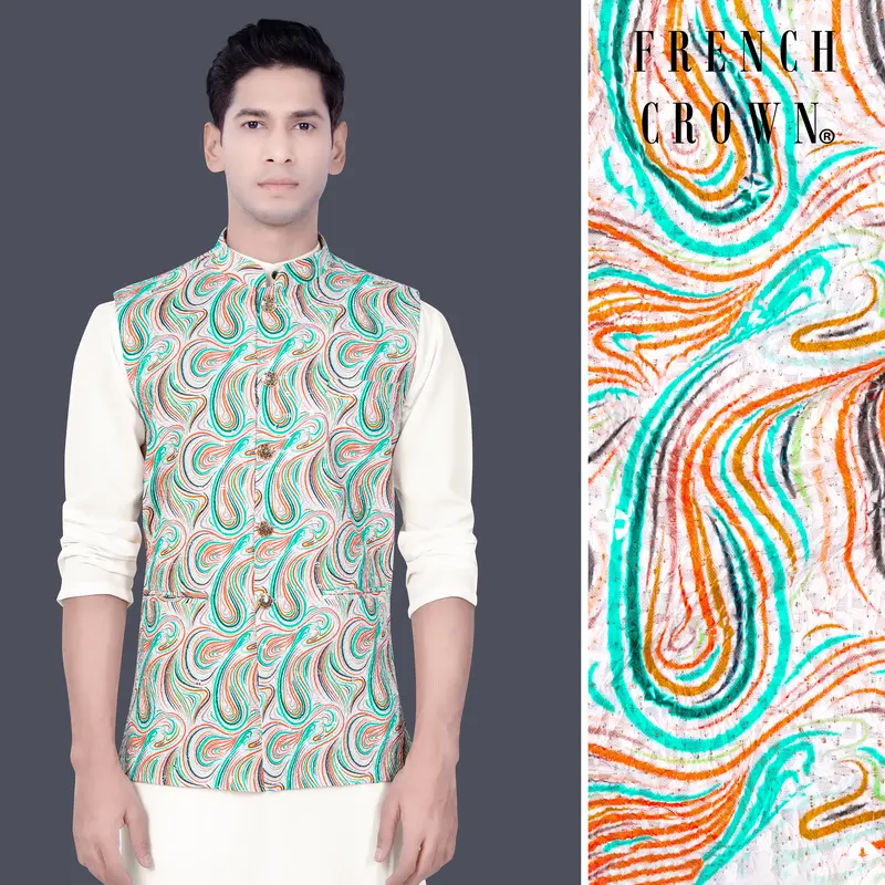 Bright White And Turquoise Blue Multicolour Designer Thread Embroidered Nehru Jacket 1