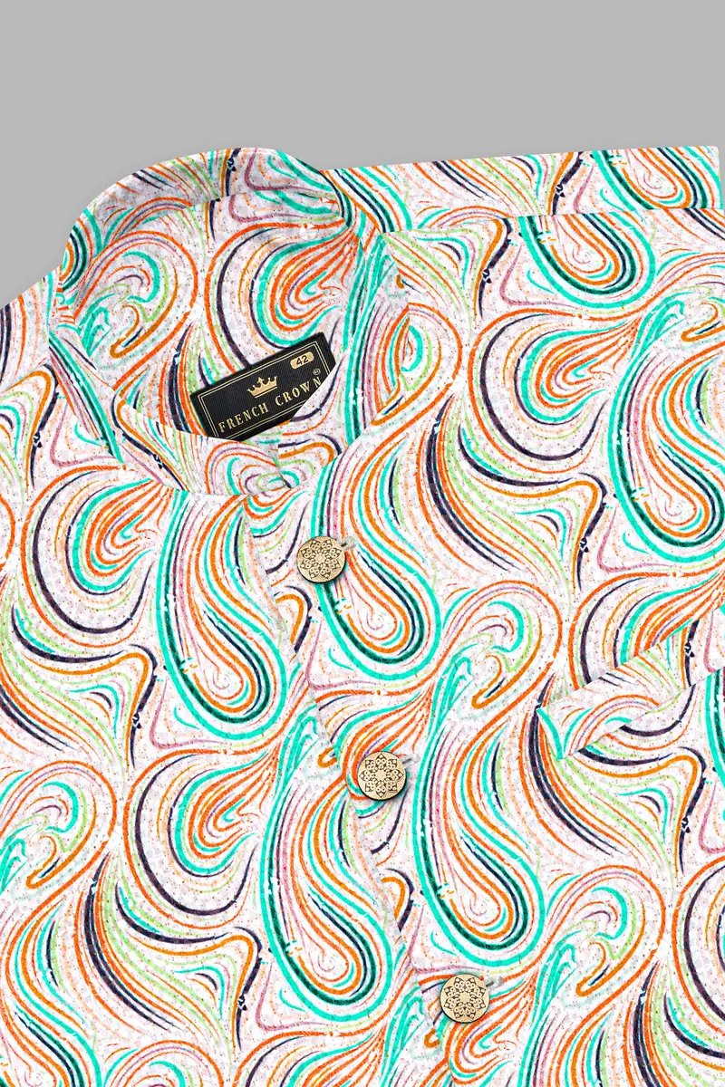 Bright White And Turquoise Blue Multicolour Designer Thread Embroidered Nehru Jacket 10