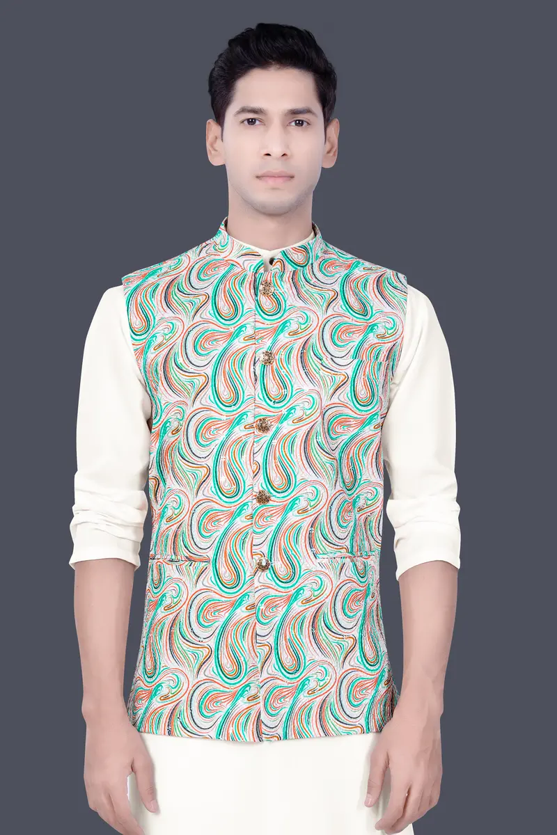 Bright White And Turquoise Blue Multicolour Designer Thread Embroidered Nehru Jacket 2