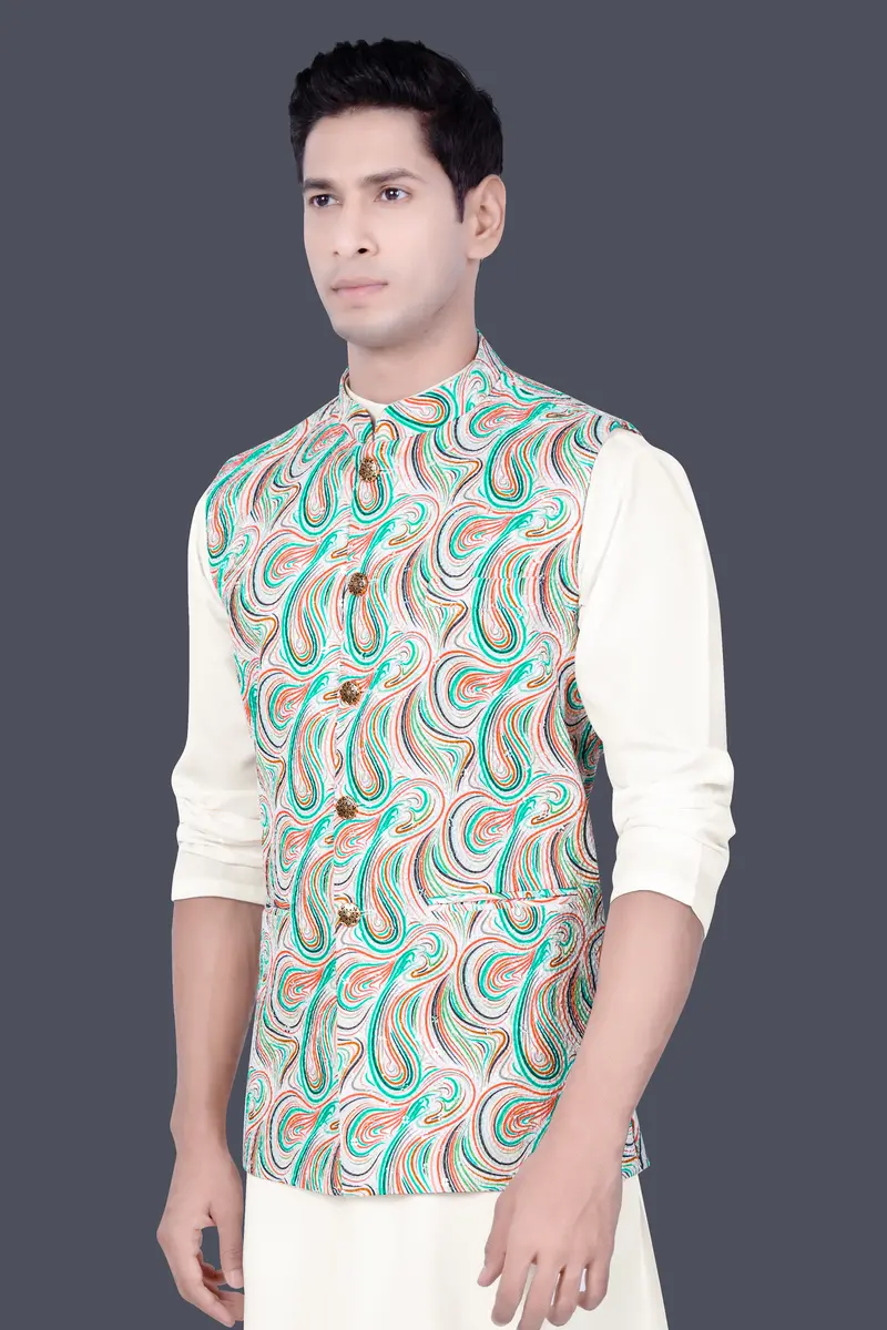 Bright White And Turquoise Blue Multicolour Designer Thread Embroidered Nehru Jacket 5