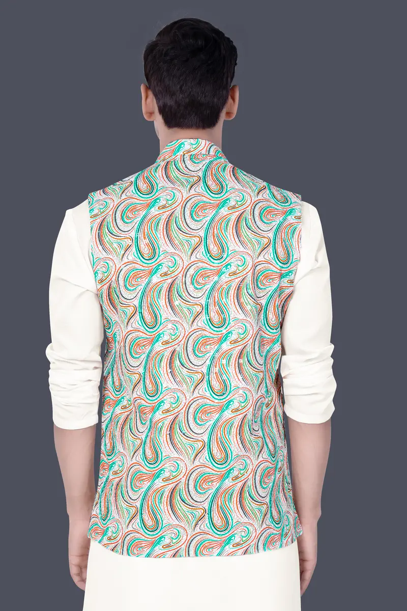 Bright White And Turquoise Blue Multicolour Designer Thread Embroidered Nehru Jacket 6
