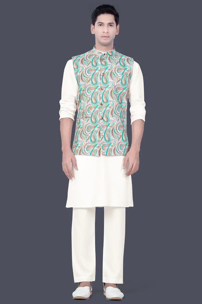Bright White And Turquoise Blue Multicolour Designer Thread Embroidered Nehru Jacket 7
