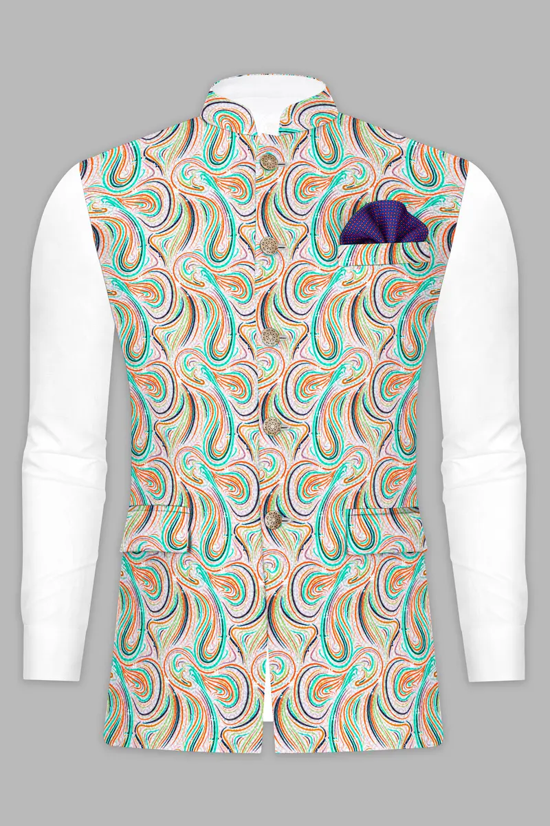 Bright White And Turquoise Blue Multicolour Designer Thread Embroidered Nehru Jacket 8