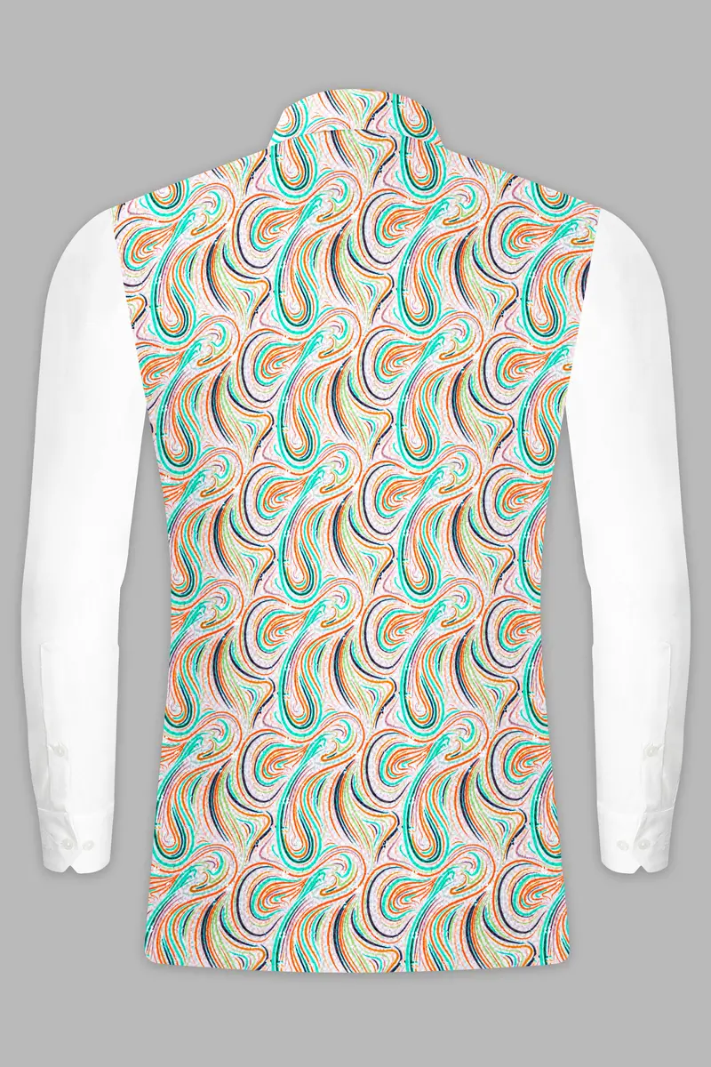 Bright White And Turquoise Blue Multicolour Designer Thread Embroidered Nehru Jacket 9