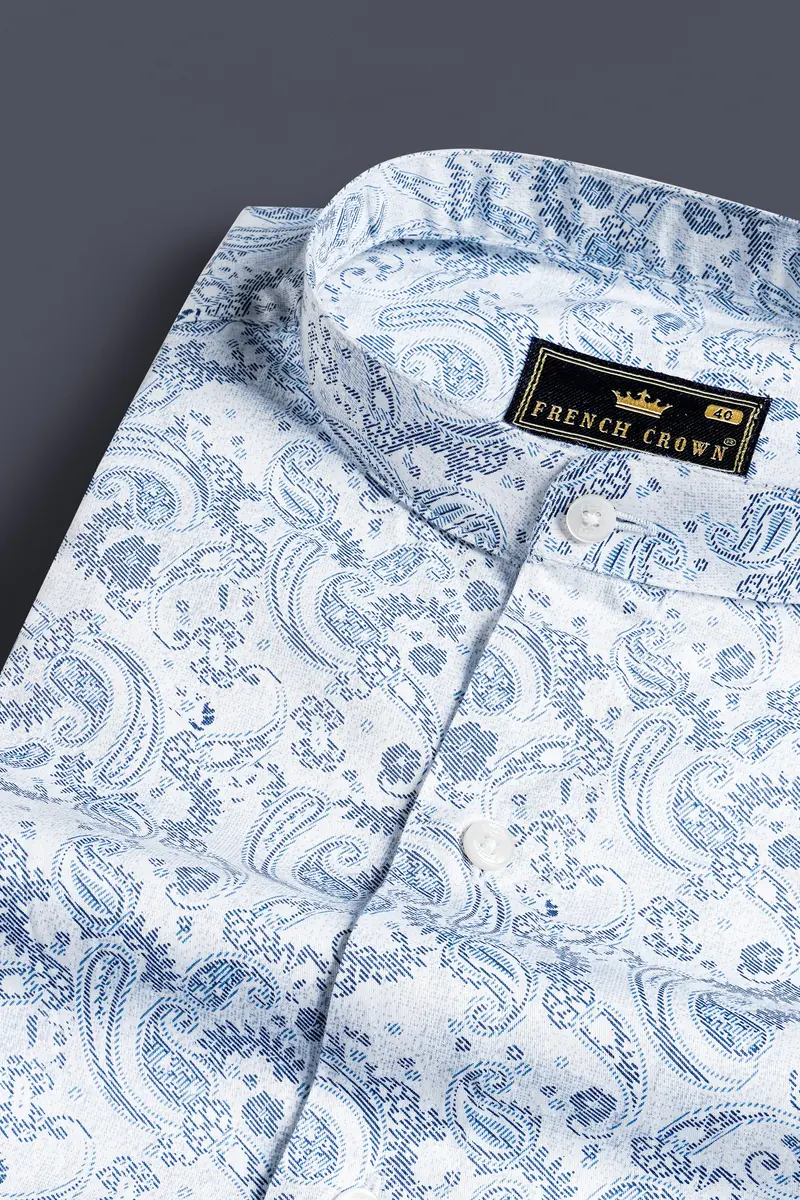 Bright White And Twilight Blue Paisley Printed Subtle Sheen Super Soft Premium Cotton Shirt 1