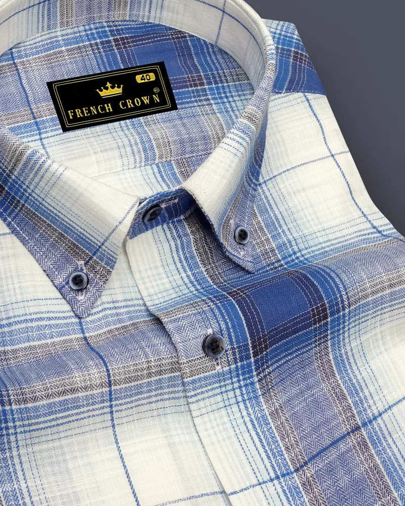 Bright White And Twilight Blue Plaid Herringbone Shirt 1