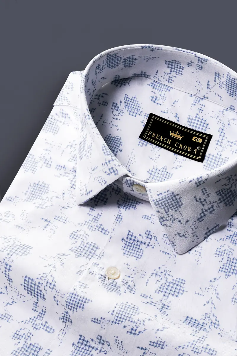 Bright White And Twilight Blue Printed  Subtle Sheen Super Soft Premium Cotton Shirt 1