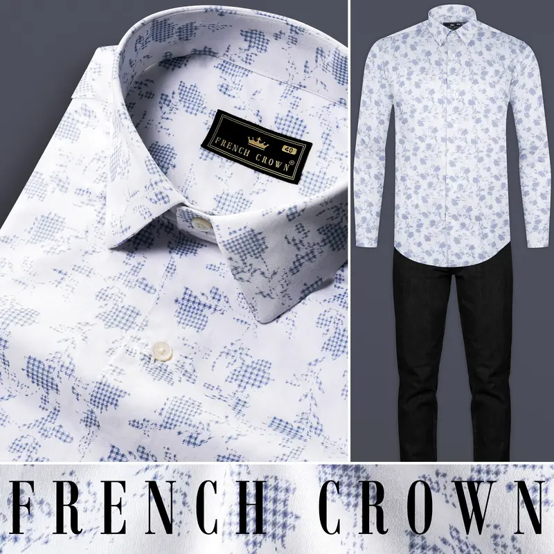 Bright White And Twilight Blue Printed Subtle Sheen Super Soft Premium Cotton Shirt 10
