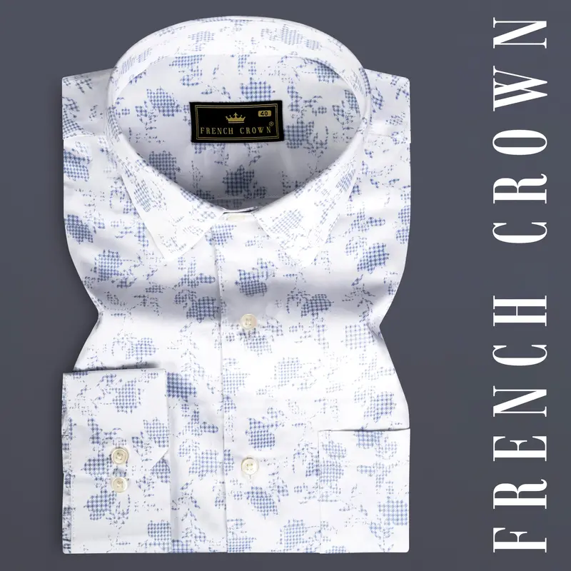 Bright White And Twilight Blue Printed Subtle Sheen Super Soft Premium Cotton Shirt 7