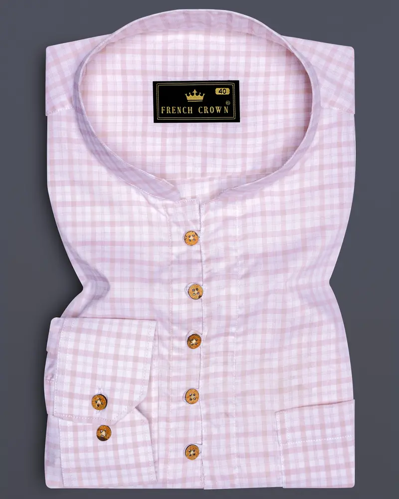 Bright White And Twilight Pink Checkered Premium Cotton Kurta Shirt 1
