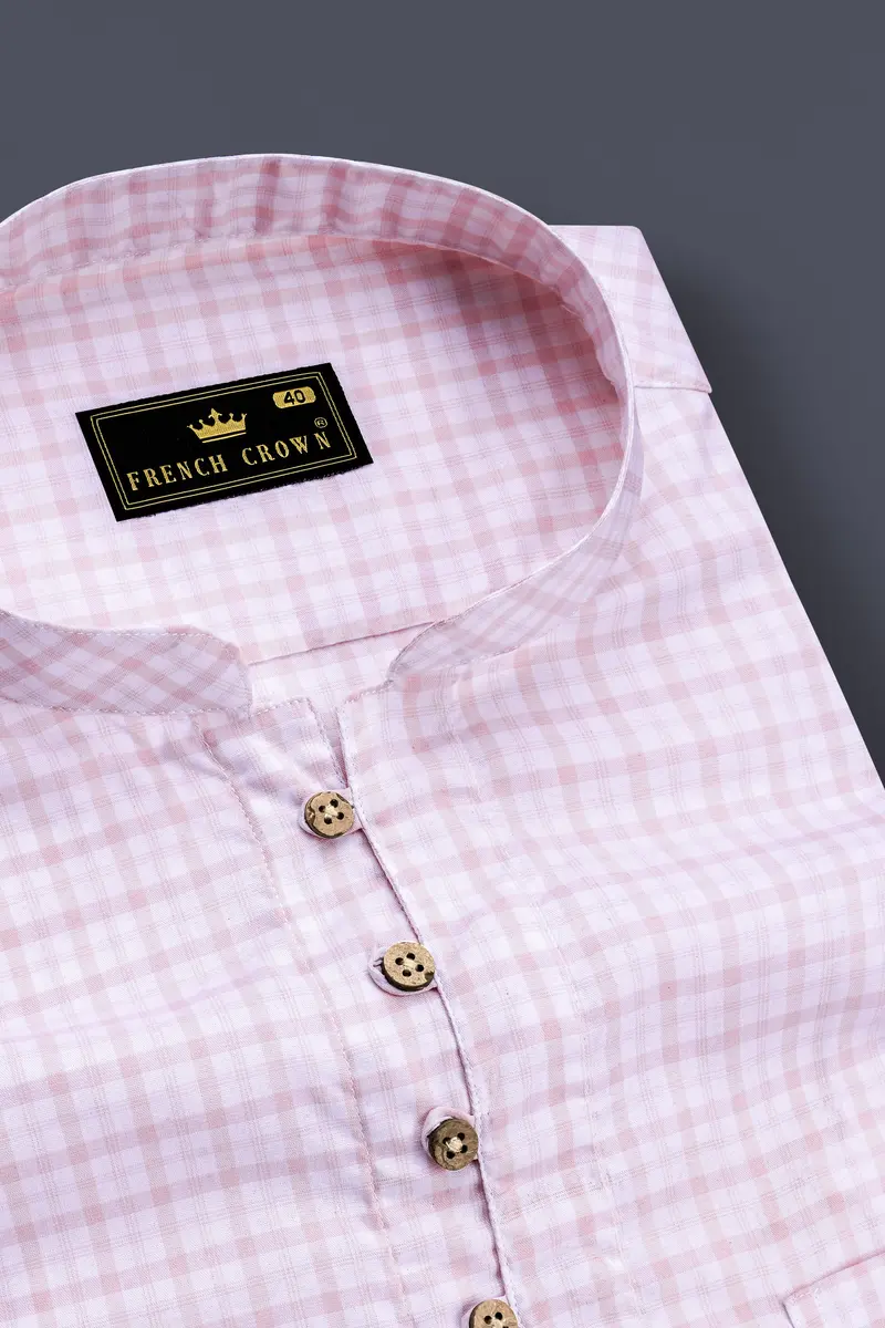 Bright White And Twilight Pink Checkered Premium Cotton Kurta Shirt 4