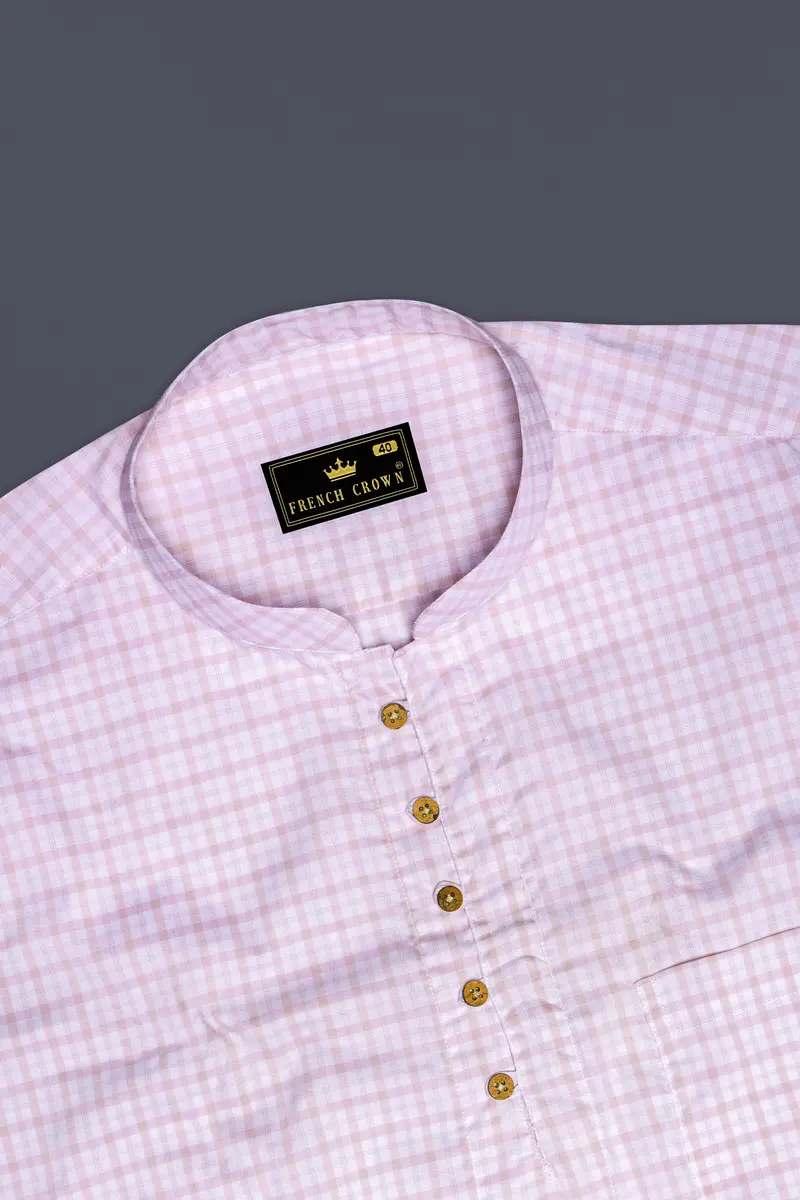 Bright White And Twilight Pink Checkered Premium Cotton Kurta Shirt 5