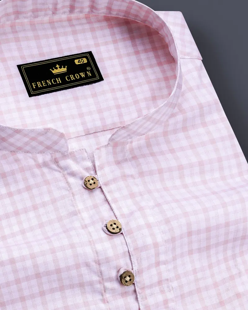 Bright White And Twilight Pink Checkered Premium Cotton Kurta Shirt 6