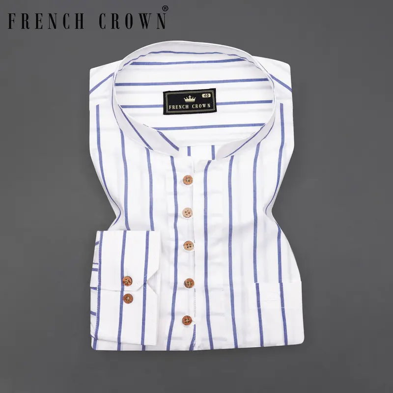 Bright White And Waikawa Blue Striped Premium Cotton Kurta Shirt 1