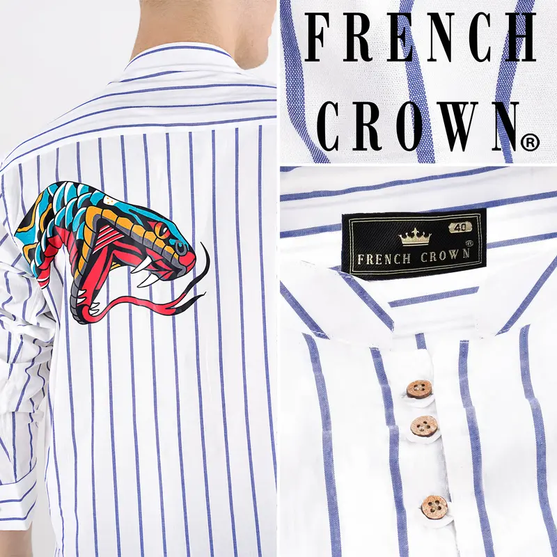 Bright White And Waikawa Blue Striped With Snake Printed Premium Cotton Designer Kurta Shirt 1