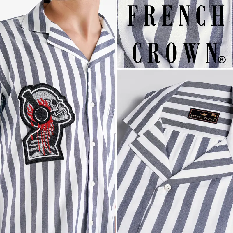 Bright White And Waterloo Gray Striped With Embroidered Patchwork Premium Cotton Designer Shirt 1