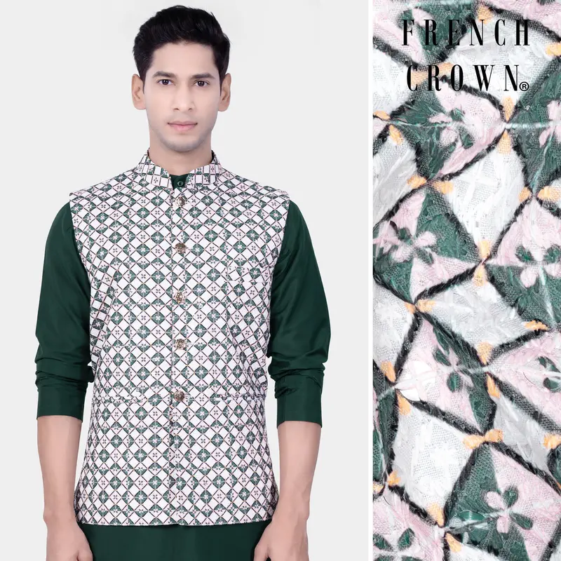 Bright White And Willam Green Trellis Designer Embroidered Nehru Jacket 1