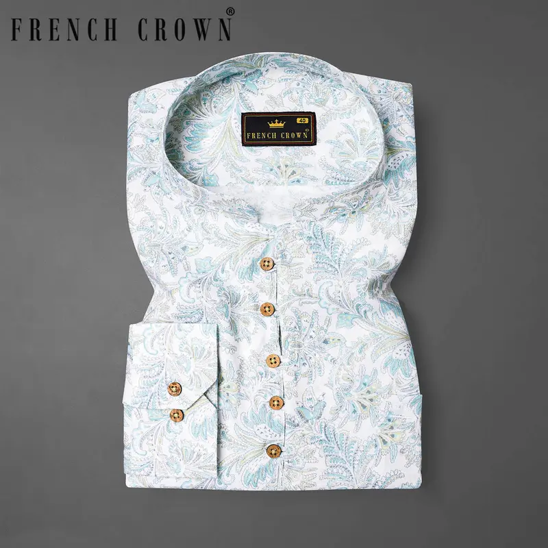 Bright White Block Printed Flora Premium Tencel Kurta Shirt 1