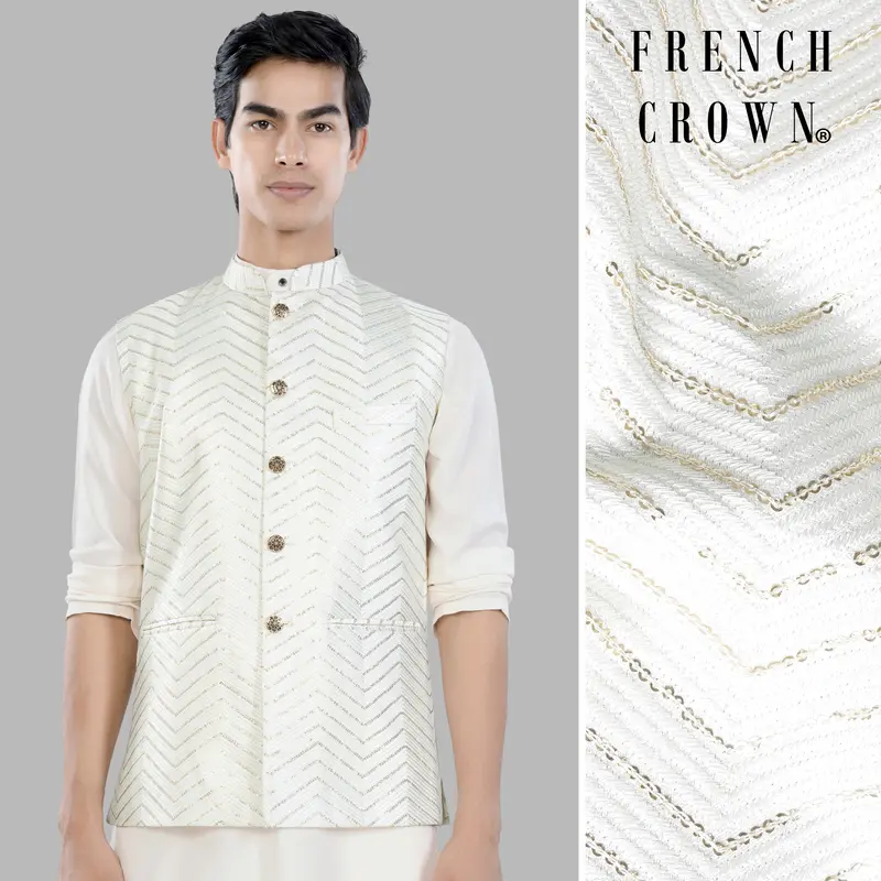 Bright White Chevron Sequin And Thread Embroidered Designer Nehru Jacket 1