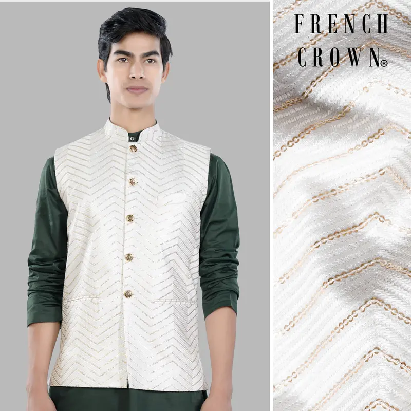 Bright White Chevron Sequin And Thread Embroidered Designer Nehru Jacket 1