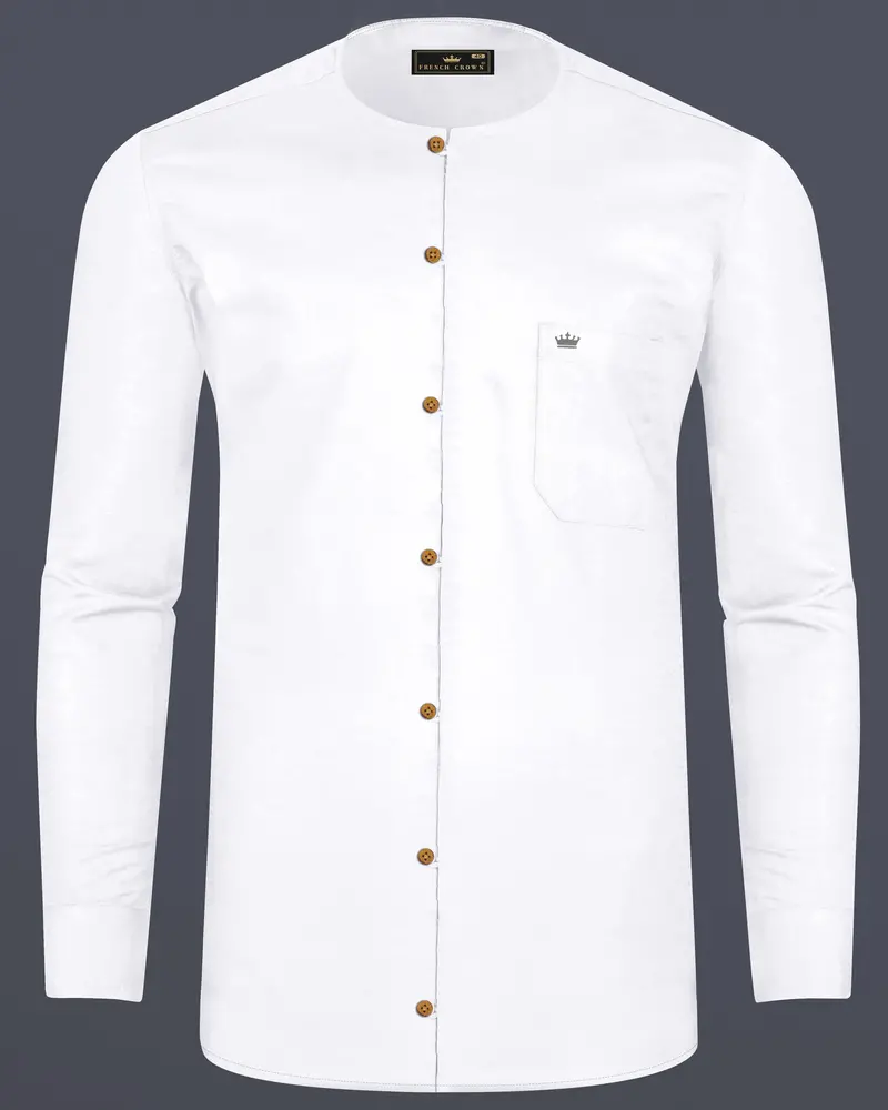 Bright White Collarless Luxurious Linen Shirt 1