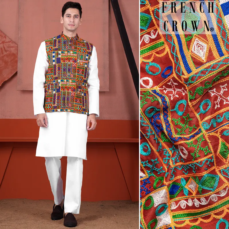 Bright White Cotton Thread Embroidered Designer Kurta With Nehru Jacket 1