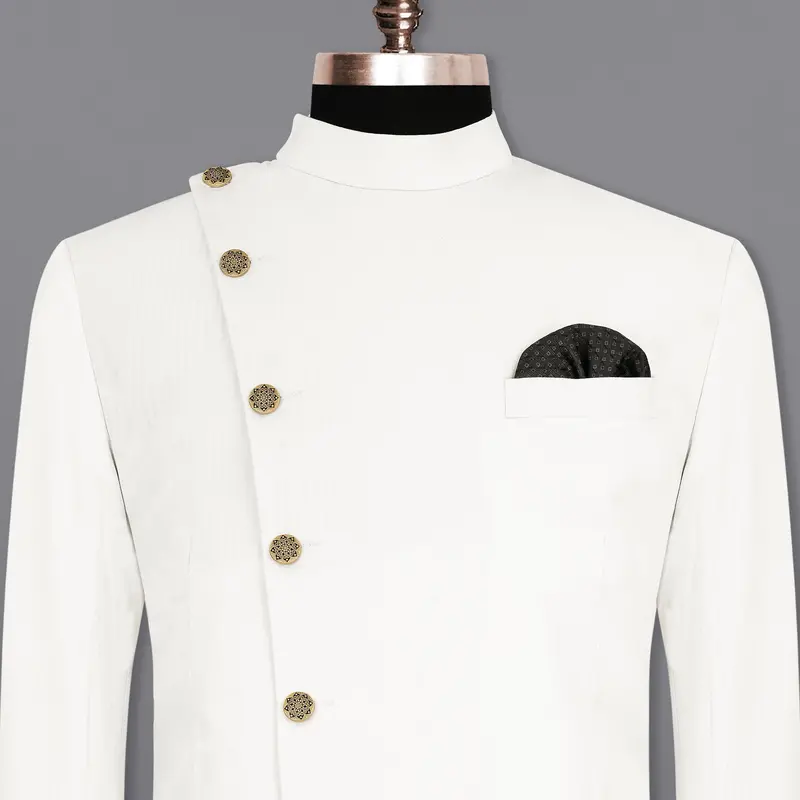 Bright White Cross Placket Bandhgala Premium Cotton Blazer 1