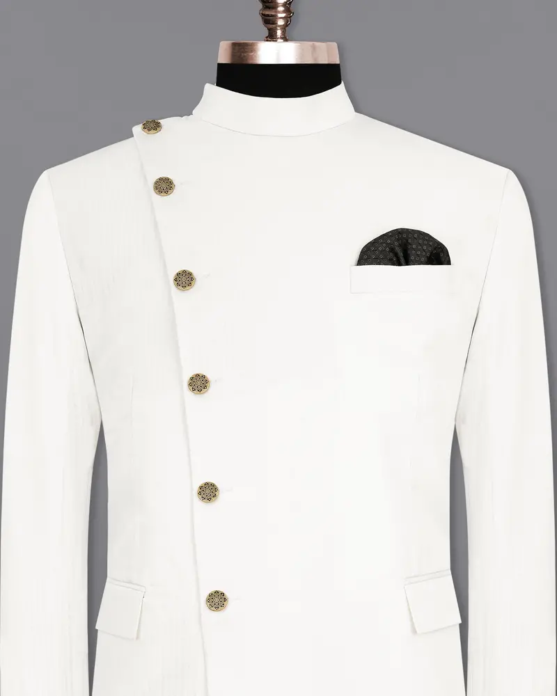 Bright White Cross Placket Bandhgala Premium Cotton Blazer 2
