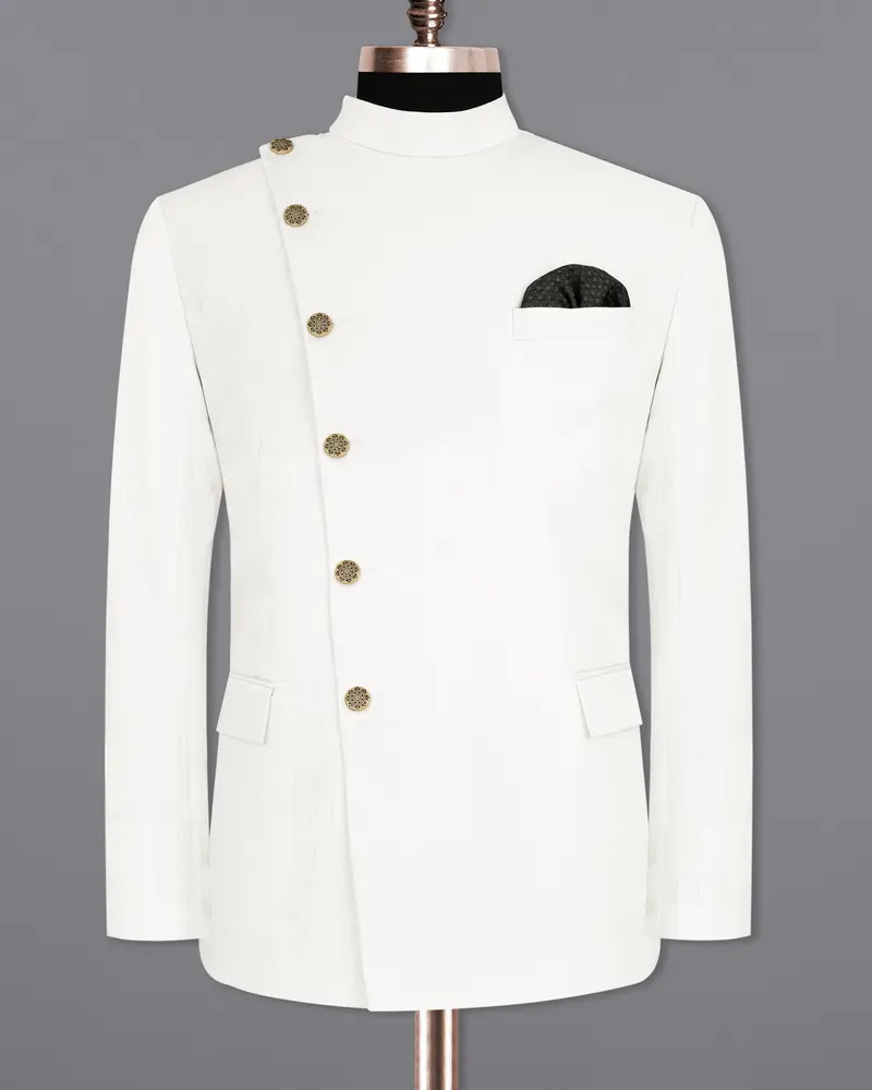 Bright White Cross Placket Bandhgala Premium Cotton Blazer 8