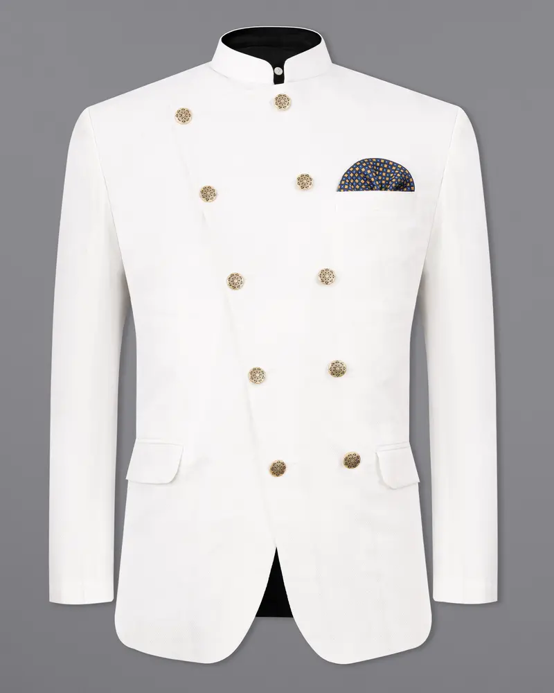 Bright White Cross Placket Premium Cotton Bandhgala Blazer 2