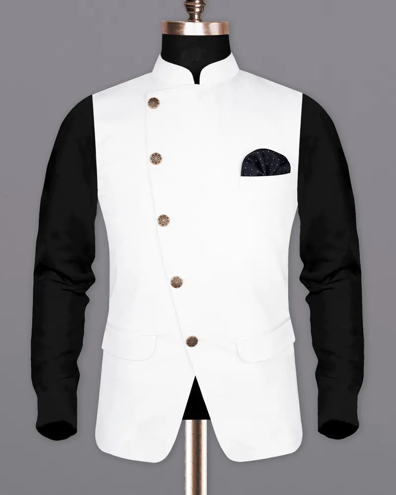 Bright White Cross Placket Premium Cotton Nehru Jacket 5