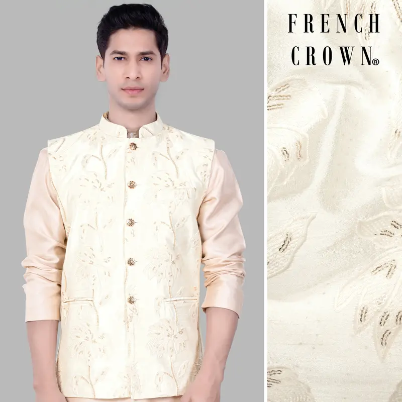 Bright White Designer Sequin And Thread Embroidered Nehru Jacket 1