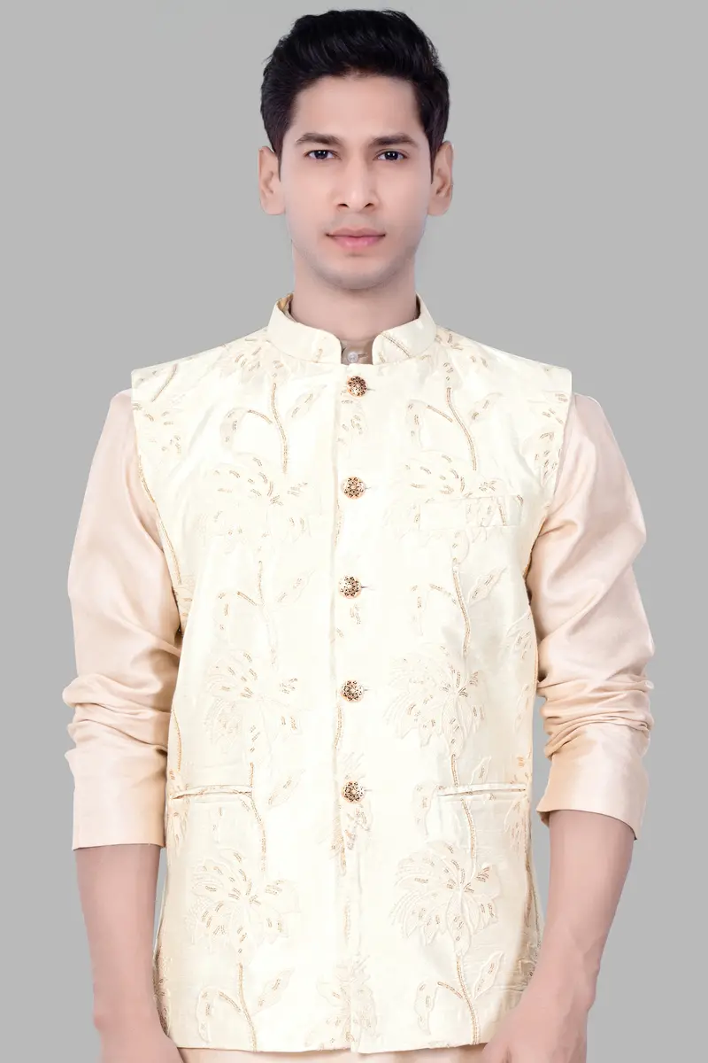 Bright White Designer Sequin And Thread Embroidered Nehru Jacket 2