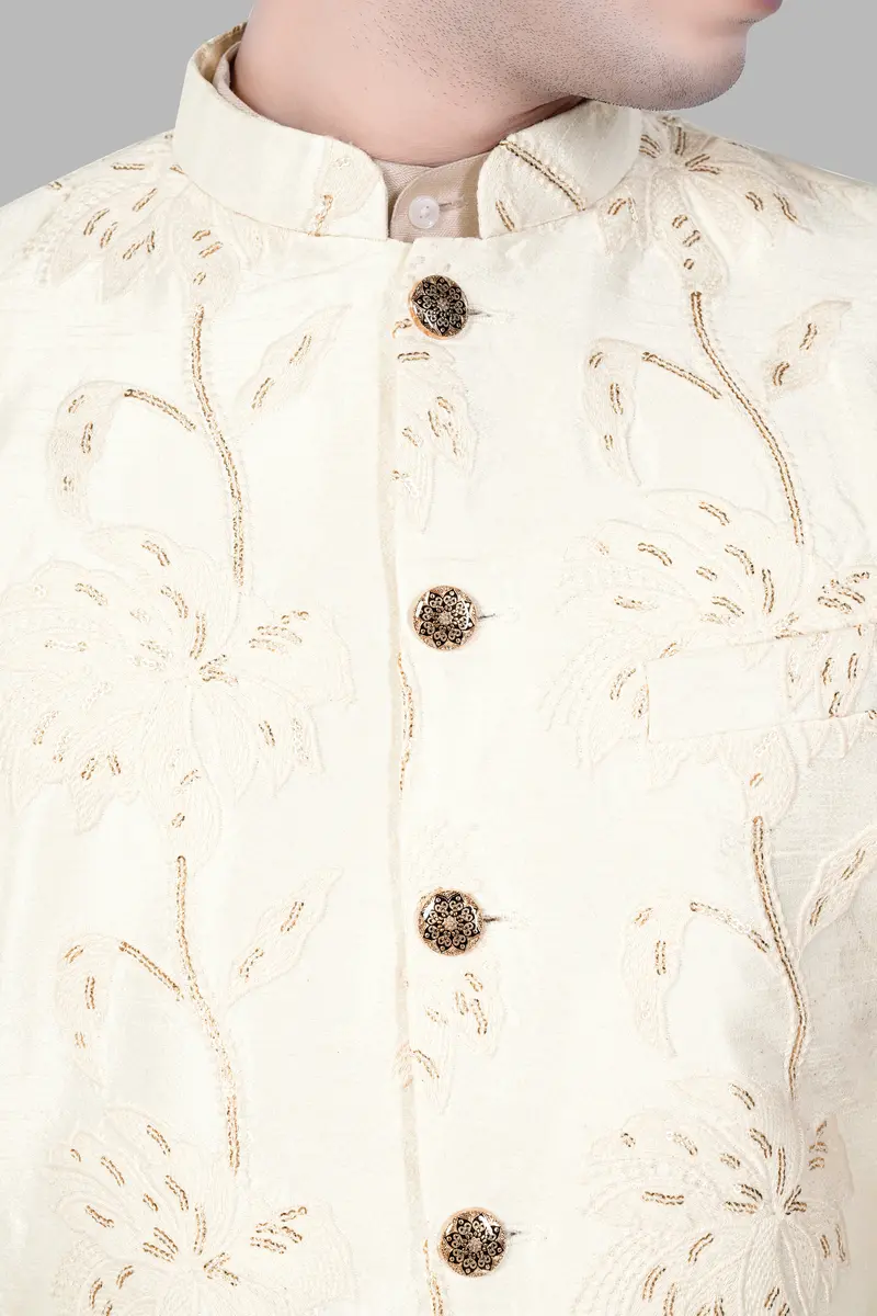 Bright White Designer Sequin And Thread Embroidered Nehru Jacket 4