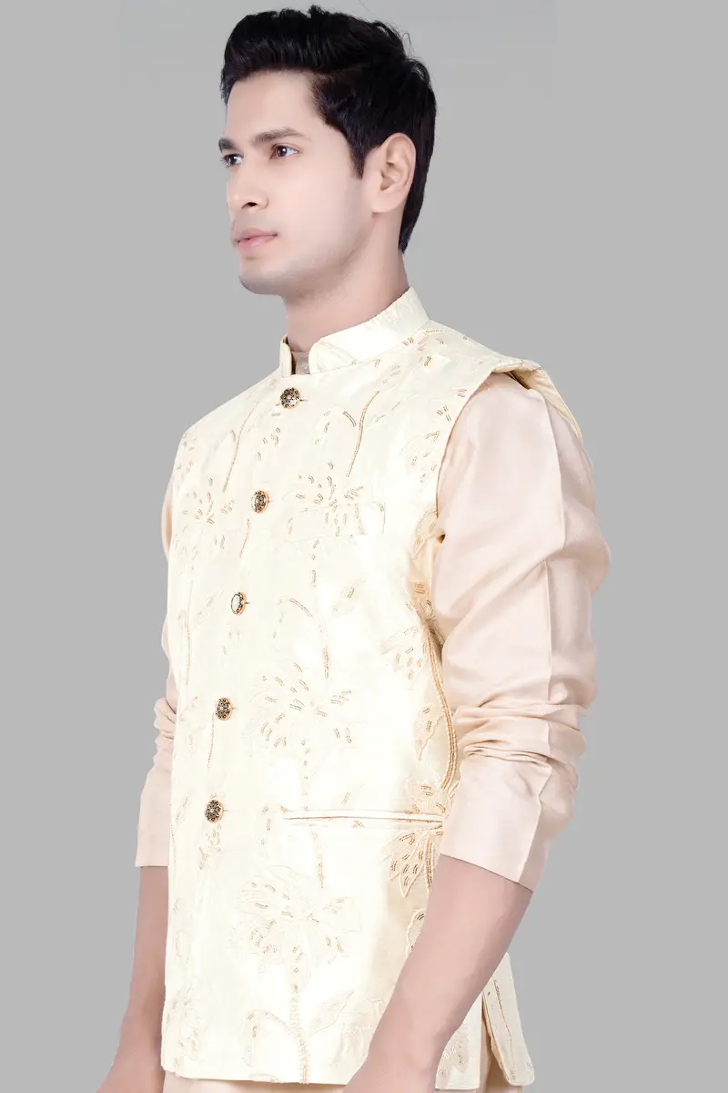 Bright White Designer Sequin And Thread Embroidered Nehru Jacket 5