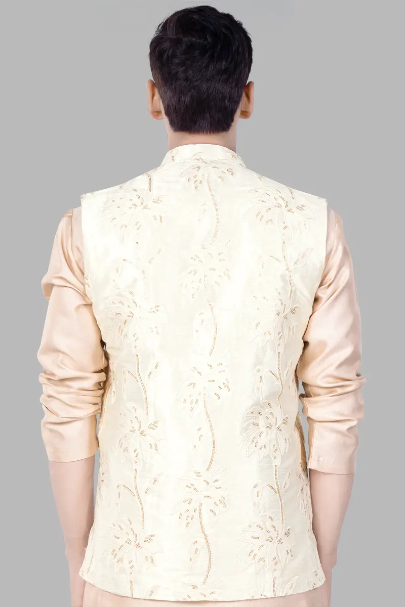 Bright White Designer Sequin And Thread Embroidered Nehru Jacket 6