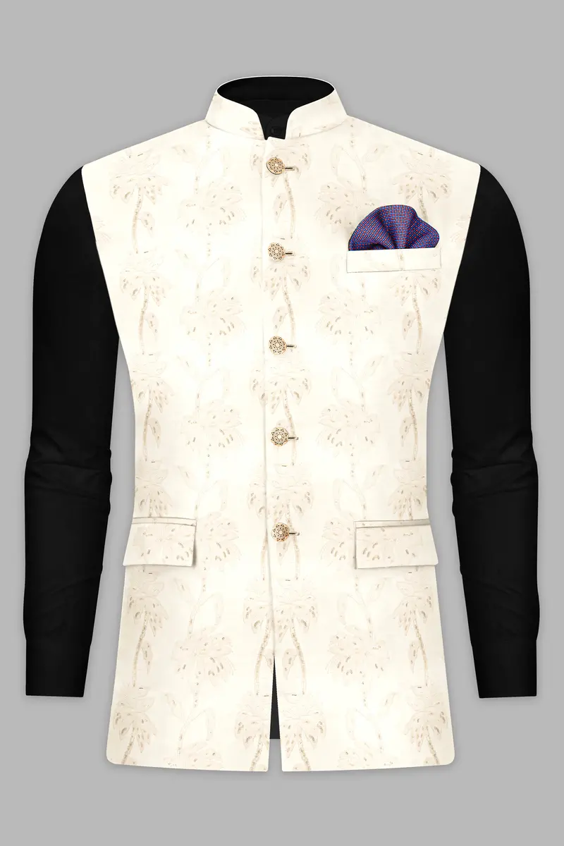Bright White Designer Sequin And Thread Embroidered Nehru Jacket 8